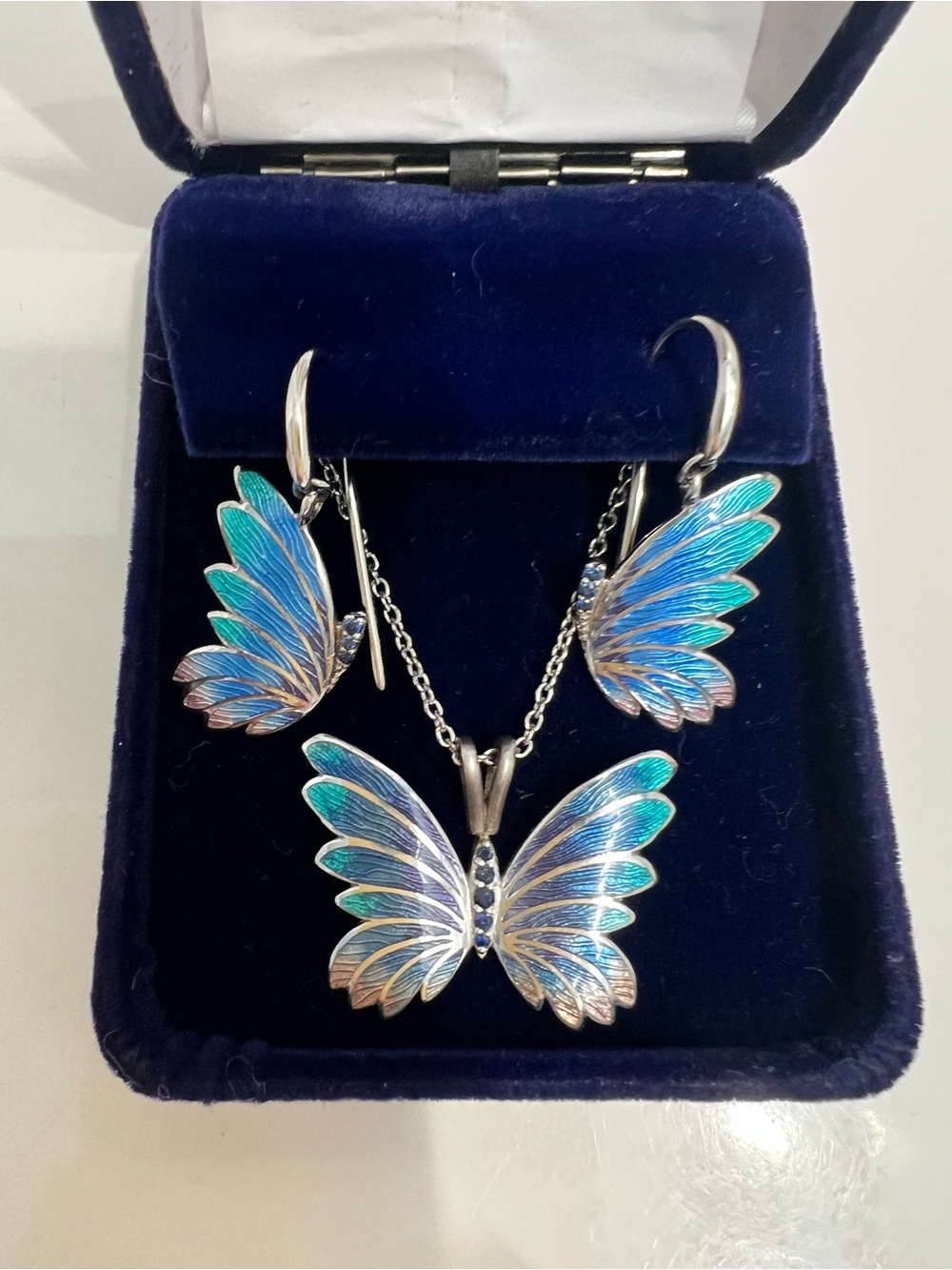 Nicole Barr Sterling Silver Blue Enamel & Sapphire Necklace and Earrings Set